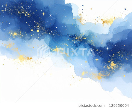 一個奇妙的藝術背景圖像，星星和星座在水彩海軍藍夜空中閃閃發光 129350004