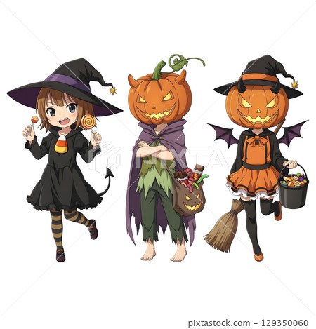 Cute halloween witch girl holding pumpkin basket, anime style, PNG sticker, halloween costume, trick or treat. transparent background Cute halloween witch girl holding pumpkin basket, anime style, PNG sticker, halloween costume, trick or treat. transparent background 129350060