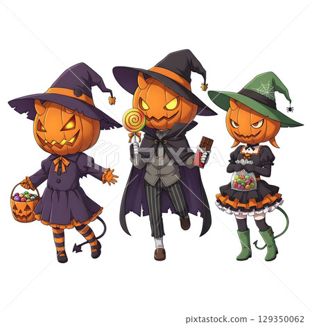 Cute halloween witch girl holding pumpkin basket, anime style, PNG sticker, halloween costume, trick or treat. transparent background 129350062