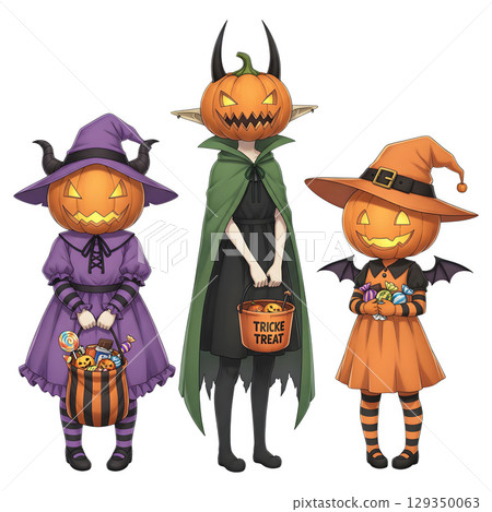 Cute halloween witch girl holding pumpkin basket, anime style, PNG sticker, halloween costume, trick or treat. transparent background 129350063
