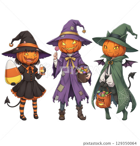 Cute halloween witch girl holding pumpkin basket, anime style, PNG sticker, halloween costume, trick or treat. transparent background 129350064