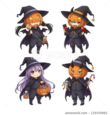 Cute halloween witch girl holding pumpkin basket, anime style, PNG sticker, halloween costume, trick or treat. transparent background 129350065