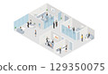 People workplace in office isometric design. Company employees man and woman team work together in comfortable modern cabinet. Business center floor interior inside with furniture. Vector illustration 129350075
