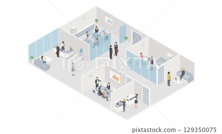 People workplace in office isometric design. Company employees man and woman team work together in comfortable modern cabinet. Business center floor interior inside with furniture. Vector illustration 129350075