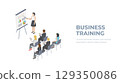 Isometric Business Training concept. Group of businessmen studies data. Office work crowd, team meeting, and discussion. 129350086