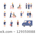 People figures icon set. Bathroom gender signs and health conditions symbols. Adults, families with children, seniors and disabled. Medical color pictograms in simple style. 129350088