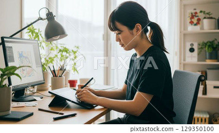 一位女插畫家正在使用平板電腦 129350100