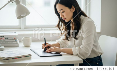 一位女插畫家正在使用平板電腦 129350101