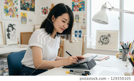 A female illustrator working on a tablet 129350105