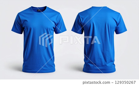 Blue T-shirt isolated on white, a blank cotton clothing template for fashion design Blue T-shirt isolated on white, a blank cotton clothing template for fashion design 129350267