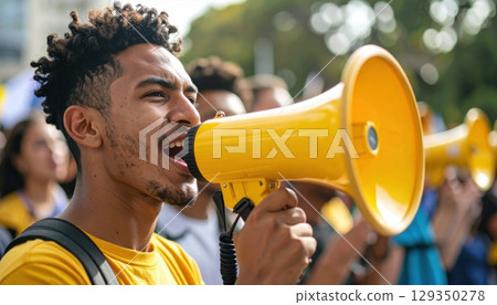 Young businessman shouts through a megaphone, making a loud announcement to people Young businessman shouts through a megaphone, making a loud announcement to people 129350278