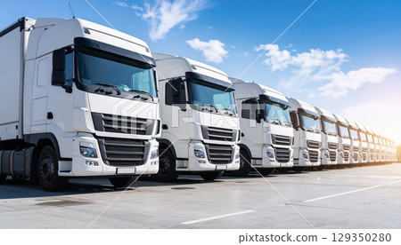 Delivery vehicles including trucks, vans, and cars travel along the road, transporting cargo and freight for business and industry Delivery vehicles including trucks, vans, and cars travel along the road, transporting cargo and freight for business and industry 129350280