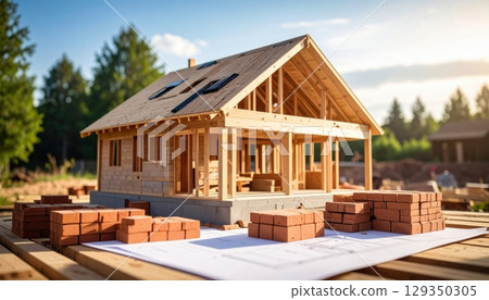 New wooden residential home construction with blue sky 129350305