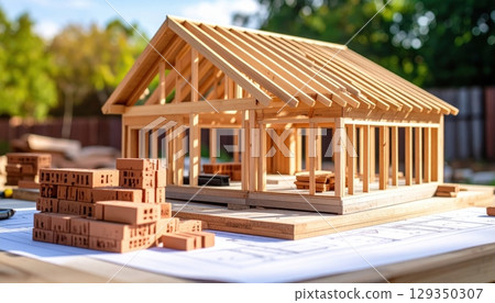 New wooden residential home construction with blue sky New wooden residential home construction with blue sky 129350307