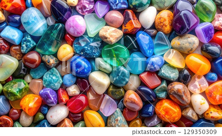 Vibrant, shiny glass and crystal beads create a colorful background texture with hints of blue, yellow, and green, like precious candy gems Vibrant, shiny glass and crystal beads create a colorful background texture with hints of blue, yellow, and green, like precious candy gems 129350309