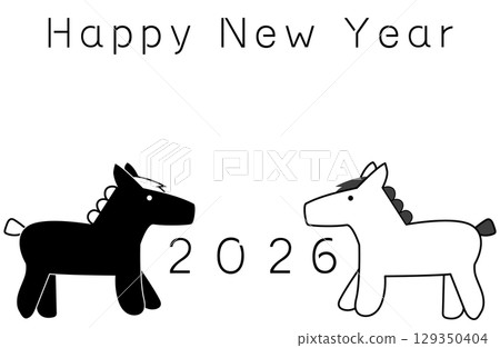 Year of the Horse 2026 Monochrome New Year's Card Happy New Year 129350404