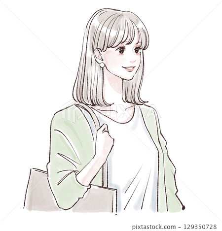 一位女性通勤和購物的水彩插圖 129350728
