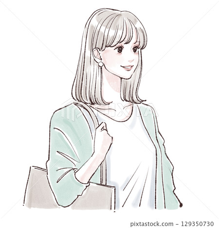 一位女性通勤和購物的水彩插圖 129350730