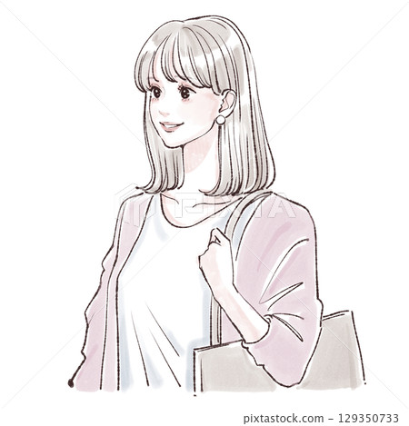 一位女性通勤和購物的水彩插圖 一位女性通勤和購物的水彩插圖 129350733