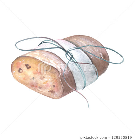 Christmas stollen tied with string. Hand-painted watercolor illustration of traditional pastries isolated on white for holiday cards, bakery branding, menu design, winter decor, culinary projects Christmas stollen tied with string. Hand-painted watercolor illustration of traditional pastries isolated on white for holiday cards, bakery branding, menu design, winter decor, culinary projects 129350819