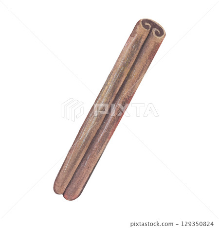 Cinnamon stick. Hand-painted watercolor illustration of spice isolated on white background for winter recipes, holiday drinks, festive decor, Christmas cards, seasonal packaging, cozy culinary designs Cinnamon stick. Hand-painted watercolor illustration of spice isolated on white background for winter recipes, holiday drinks, festive decor, Christmas cards, seasonal packaging, cozy culinary designs 129350824