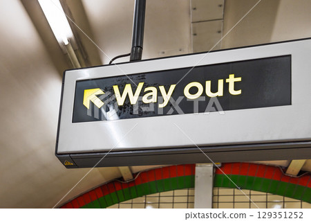 London Tube Way Out Sign, Arrow Exit Direction in Metro Station Interior 129351252