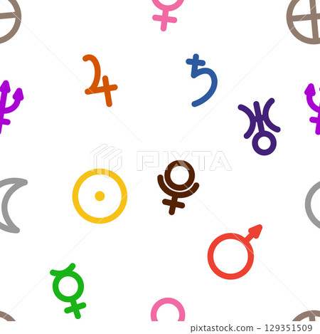 Seamless pattern made of simple astrology symbols representing planets and celestial bodies Seamless pattern made of simple astrology symbols representing planets and celestial bodies 129351509