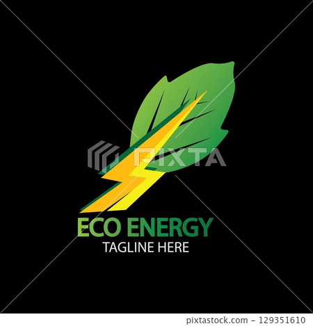 Eco Energy Vector Logo with leaf symbol. Green color with flash or thunder graphic. Nature and electricity renewable. This logo is suitable for technology, recycle, organic. 129351610