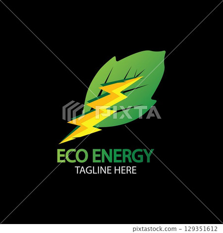 Eco Energy Vector Logo with leaf symbol. Green color with flash or thunder graphic. Nature and electricity renewable. This logo is suitable for technology, recycle, organic. 129351612