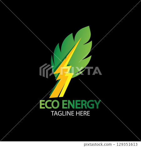 Eco Energy Vector Logo with leaf symbol. Green color with flash or thunder graphic. Nature and electricity renewable. This logo is suitable for technology, recycle, organic. 129351613