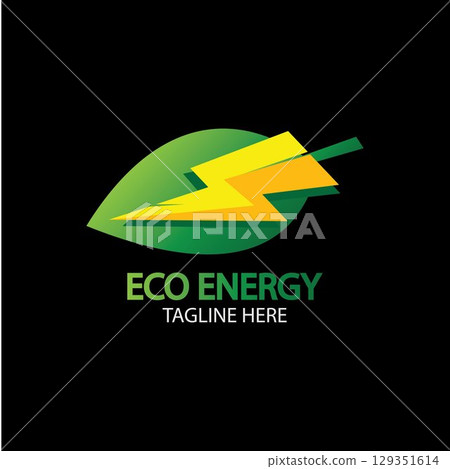 Eco Energy Vector Logo with leaf symbol. Green color with flash or thunder graphic. Nature and electricity renewable. This logo is suitable for technology, recycle, organic. 129351614