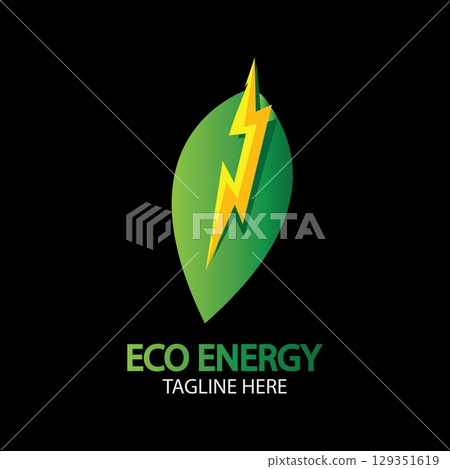 Eco Energy Vector Logo with leaf symbol. Green color with flash or thunder graphic. Nature and electricity renewable. This logo is suitable for technology, recycle, organic. 129351619