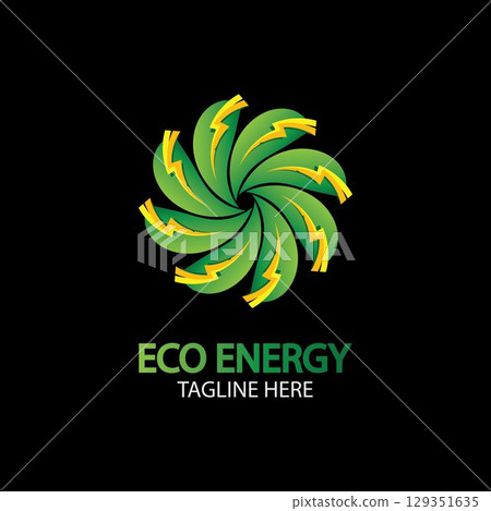 Eco Energy Vector Logo with leaf symbol. Green color with flash or thunder graphic. Nature and electricity renewable. This logo is suitable for technology, recycle, organic. Eco Energy Vector Logo with leaf symbol. Green color with flash or thunder graphic. Nature and electricity renewable. This logo is suitable for technology, recycle, organic. 129351635