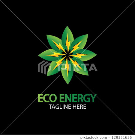 Eco Energy Vector Logo with leaf symbol. Green color with flash or thunder graphic. Nature and electricity renewable. This logo is suitable for technology, recycle, organic. Eco Energy Vector Logo with leaf symbol. Green color with flash or thunder graphic. Nature and electricity renewable. This logo is suitable for technology, recycle, organic. 129351636