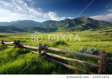 Rustic wooden fence lining vibrant green pasture under blue skies Rustic wooden fence lining vibrant green pasture under blue skies 129351658