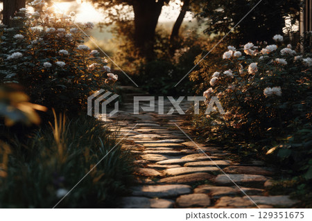 Sunlit garden path adorned with blooming rose bushes 129351675