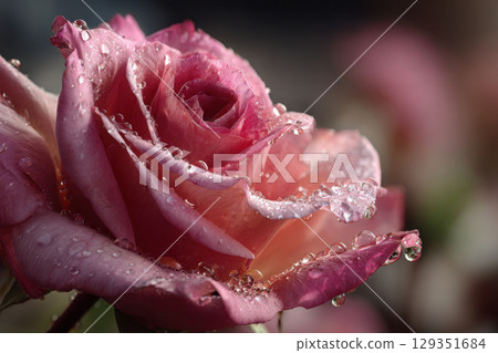 Close-up of a rose petal adorned with dewdrops in morning light Close-up of a rose petal adorned with dewdrops in morning light 129351684