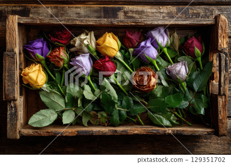Rustic wooden crate filled with colorful freshly picked roses Rustic wooden crate filled with colorful freshly picked roses 129351702