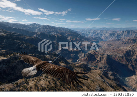 Eagle gliding effortlessly over a rugged canyon landscape 129351880