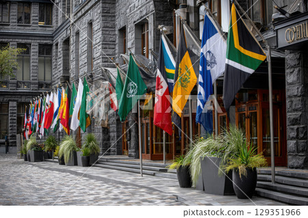 Flags of various nations adorning a government building entrance 129351966