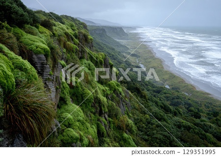 Lush green cliff overlooking crashing ocean waves 129351995