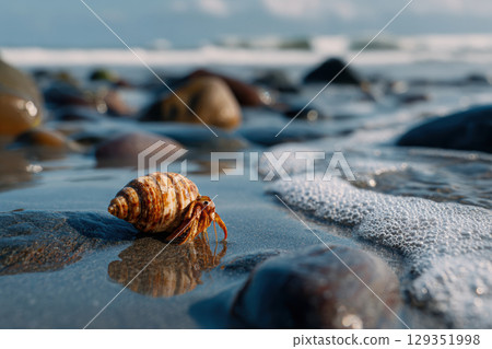 Hermit crab crawling on wet sand near tide pools Hermit crab crawling on wet sand near tide pools 129351998