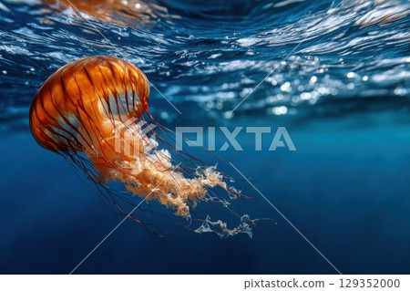 Jellyfish floating gracefully in deep blue ocean waters 129352000