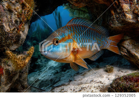 Colorful parrotfish exploring a vibrant coral reef habitat 129352005