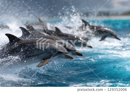 Dolphins playfully leaping through ocean spray at sunset Dolphins playfully leaping through ocean spray at sunset 129352006