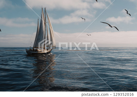 Sailboat gliding on calm ocean waters under seagulls 129352016