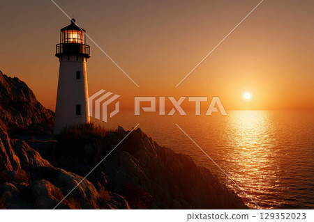 Lighthouse silhouette at sunset over tranquil ocean waves 129352023