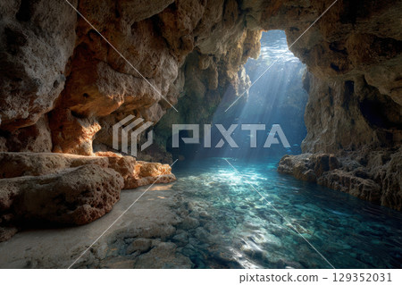 Underwater cave with sunlight streaming through the water 129352031
