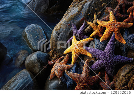 Colorful starfish thrive in tide pools on rocky coastal shoreline 129352036