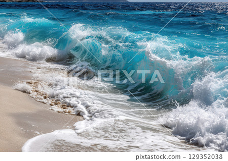 Turquoise waves rolling gently onto a pristine sandy beach 129352038